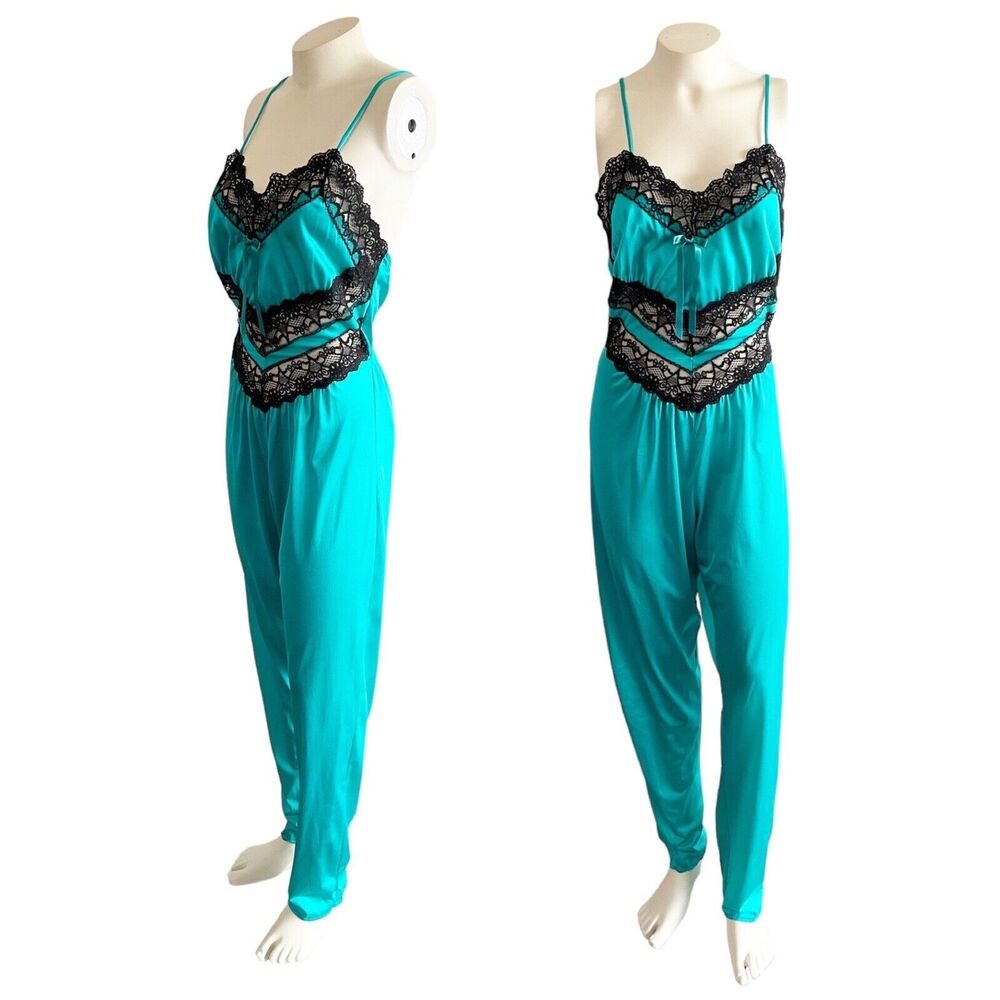 Petra Fashions Vintage Teal Lace Jumpsuit Jumper Bodysuit Small